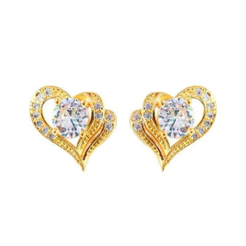 E1233 Gold Heart Stud Earrings With Round Zircon Claw Setting For Women Romantic Fashion Jewelry Gift