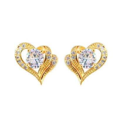 E1233 Gold Heart Stud Earrings With Round Zircon Claw Setting For Women Romantic Fashion Jewelry Gift