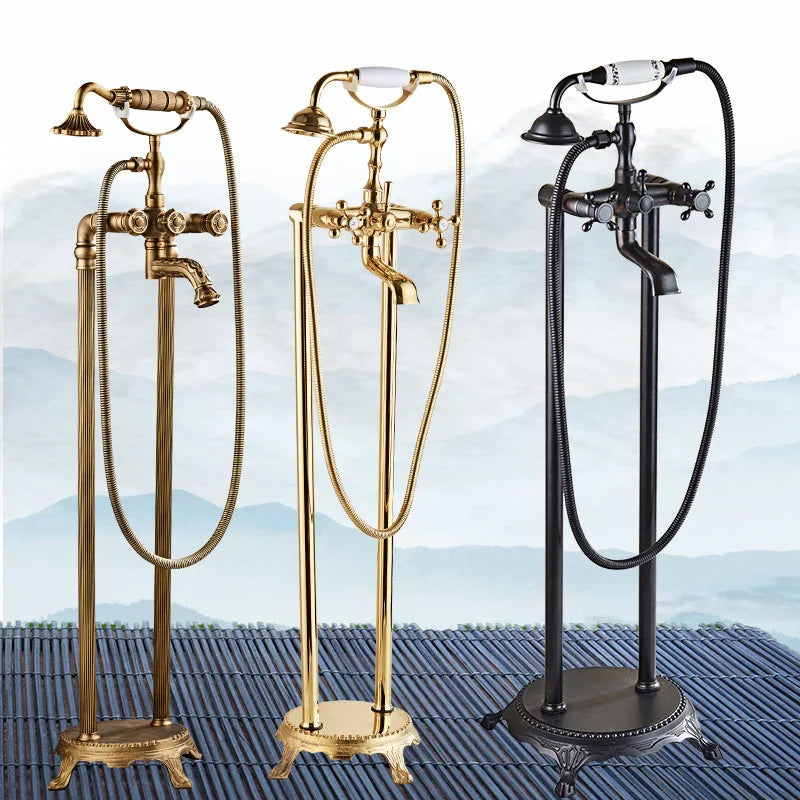 Freestanding Floor Mounted Shower Bathtub Faucet with Dual Handle Brass Construction Modern Design Hotel Use Bronze Finish