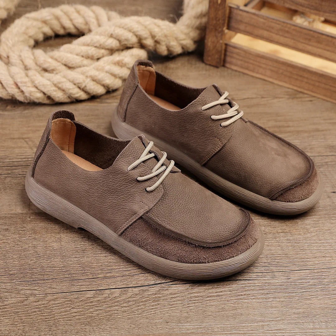 Toe Men's Genuine Leather Shoes Lace-up Breathable Retro Walking Style Casual Rubber Outsole Solid Pattern Cow Leather Upper