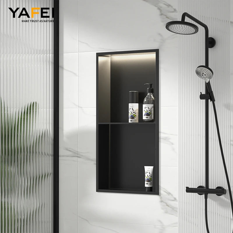Matte Black Double Selves Stainless Steel Shower Niche No Tile Needed Bathroom Niche Recessed Wall Niche with led