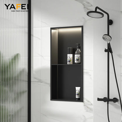 Matte Black Double Selves Stainless Steel Shower Niche No Tile Needed Bathroom Niche Recessed Wall Niche with led