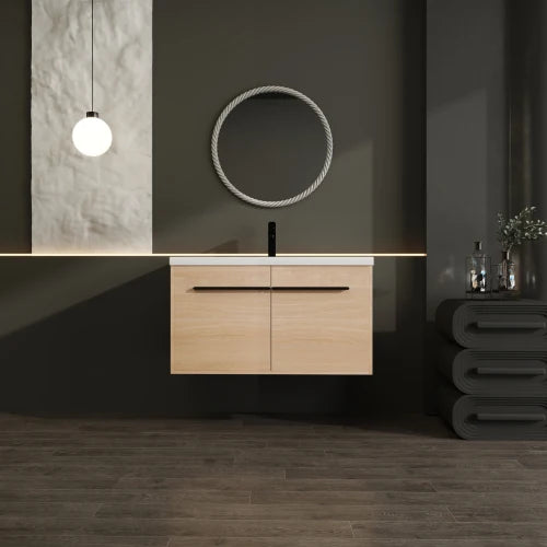 36 Inch Oak Floating Bathroom Vanity Engineered Wood Resin Integrated Sink 2 Doors US Stock Homein