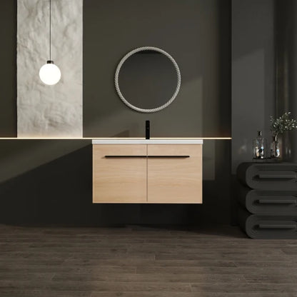 36 Inch Oak Floating Bathroom Vanity Engineered Wood Resin Integrated Sink 2 Doors US Stock Homein