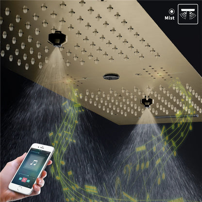Brushed Gold Brass 36*12inch Music Led Water Column Rain&Waterfall Shower Head Temperature Display Touch Control Apartment