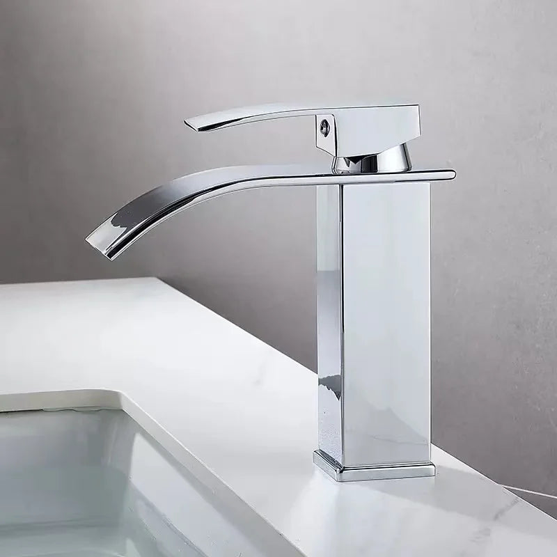 Hot Sale Single Hole Deck Mounted Wash Basin Faucet Modern Flat Mouth Waterfall Hot Cold Water Bathroom Faucet