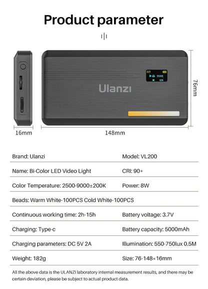 Ulanzi VL200 Led Video Light With Soft Diffuser 360°Ball Head 5000mAh 2500-9000k Fill Panel Lamp Camera Light for Youtube