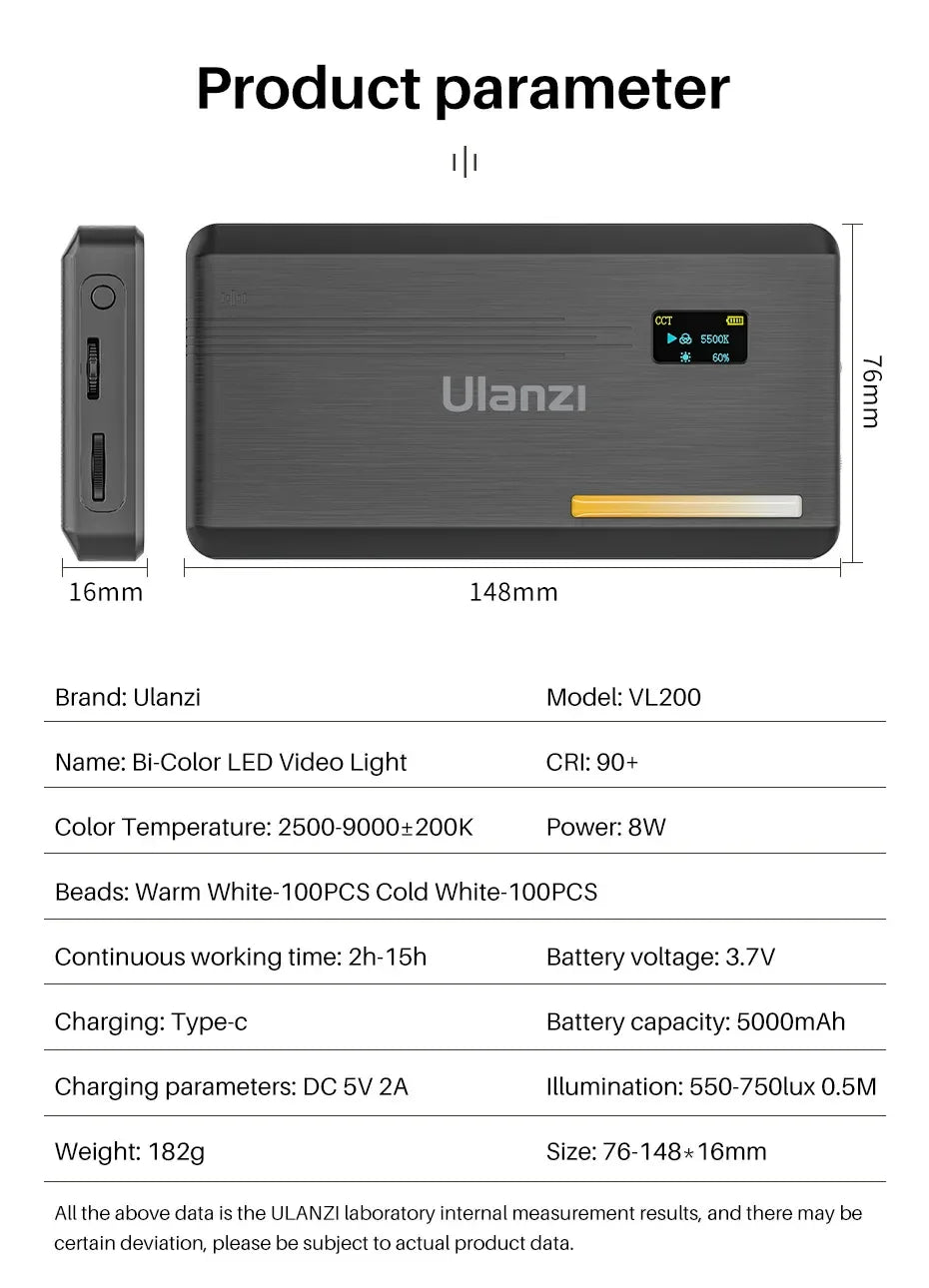 Ulanzi VL200 Led Video Light With Soft Diffuser 360°Ball Head 5000mAh 2500-9000k Fill Panel Lamp Camera Light for Youtube