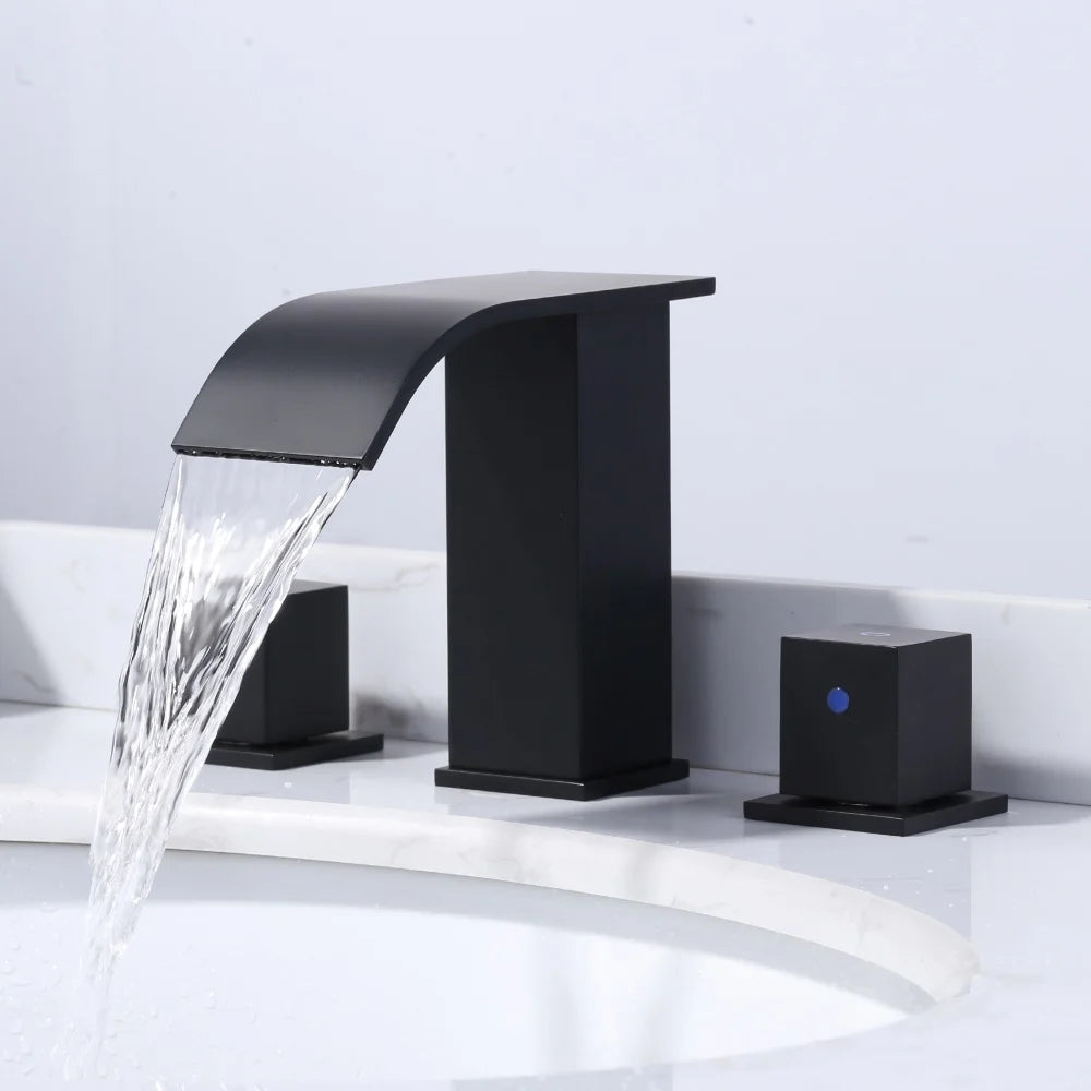 Waterfall Bathroom Faucet 3 Hole, 8" Widespread Wash Basin Tap 2 Handles Bathroom Sink Faucet with Pop up Drain and Supply Lines