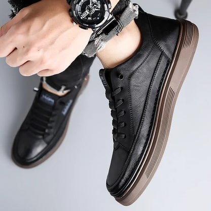 Men's Genuine Cow Leather Slip-On Casual Shoes Round Toe Breathable Mesh Lining Rubber Outsole Solid Walking Style