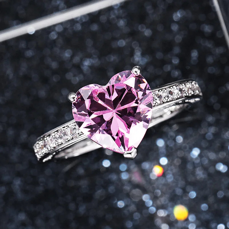 Q245 Heart Crystal & Rhinestone Ring 925 Silver Pave Setting Prong Engagement Women's Gemstone Ring