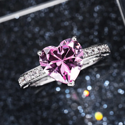 Q245 Heart Crystal & Rhinestone Ring 925 Silver Pave Setting Prong Engagement Women's Gemstone Ring