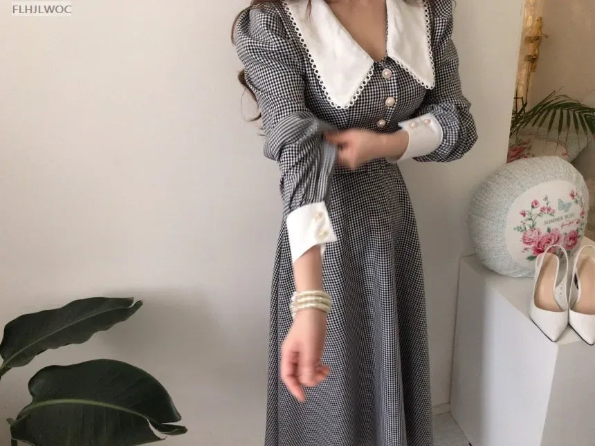 2021 Autumn Spring Basic Belt Plaid Shirt Dress Long Maxi Feminine Vestidos Chic Korea Design Clothes