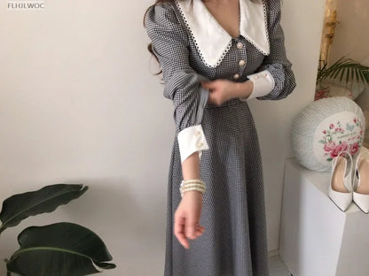 2021 Autumn Spring Basic Belt Plaid Shirt Dress Long Maxi Feminine Vestidos Chic Korea Design Clothes