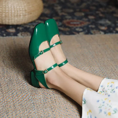 LIHUAMAO Patent leather women sandals ankle strap square toe sandals high heel shoes green