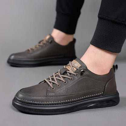Men's Genuine Leather Lace-up Chunky Shoes Round Toe Plush Lining Breathable Rubber Outsole Spring Casual Sneakers