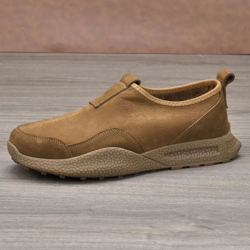 Men Slip-On Retro Shoes Genuine Cow Leather Round Toe Mesh Lining Rubber Outsole Breathable Walking Style Shoes