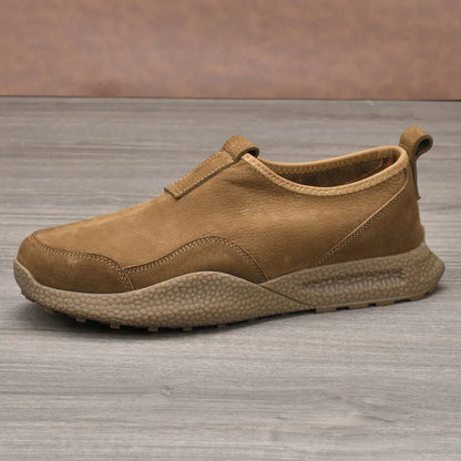 Men Slip-On Retro Shoes Genuine Cow Leather Round Toe Mesh Lining Rubber Outsole Breathable Walking Style Shoes