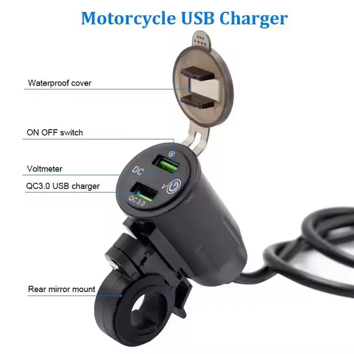 Rider Handlebar Rack Charging Dual USB Fast Charging QC3.0 Motorcycle Mobile Phone Charger with Voltage Display