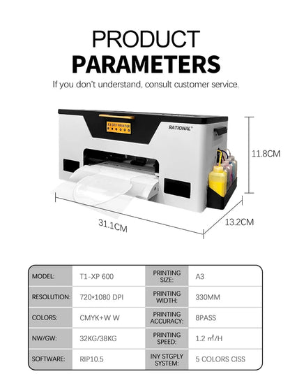 NEW XP600 Printer 1 White 6 Colors Ink A3 PET Film DTF Printer T-shirt Printing Machines Offset DTF Ink Printers