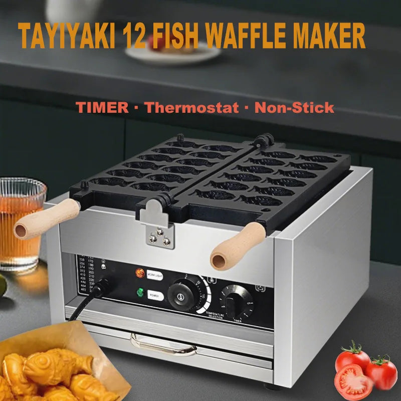 12 Slice Taiyaki Fish Shaped Waffle Cake Machine Nonstick Japanese Pancake Double Pan Bread Dessert Maker for Home Commercial