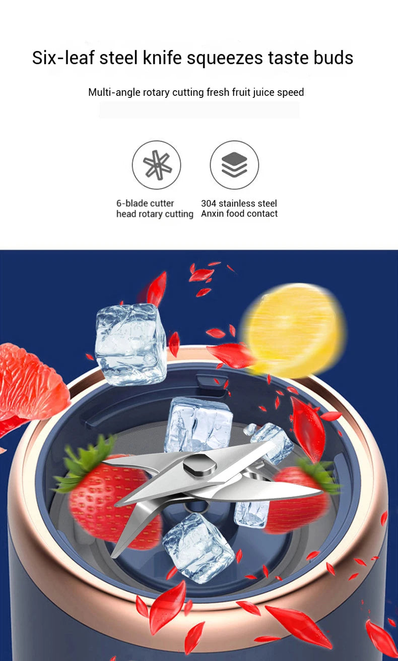 Custom Logo 6-Blade Mini Portable Electric Fruit Juicer Hot Sell USB Rechargeable Juicer Blender with Cup for Car Use