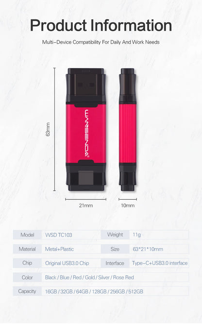 WANSENDA 128GB TYPE C USB 3.0 Flash Drive Pen Drive 32GB 64GB 256GB 512GB High Speed Pendrive for HUAWEI TYPE-C Mobile/PC