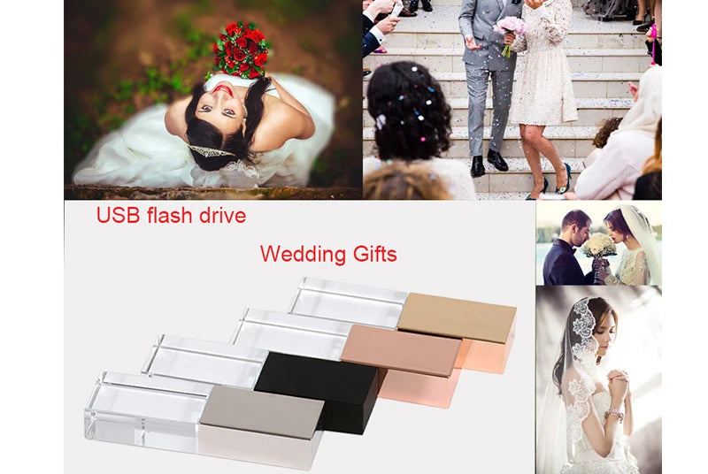 10PCS/LOT Crystal USB 2.0 Wedding Gift Flash Drives Free Custom Logo Pen Drive 100% Real Capacity Stick 128GB 8GB 16GB 32GB 64GB