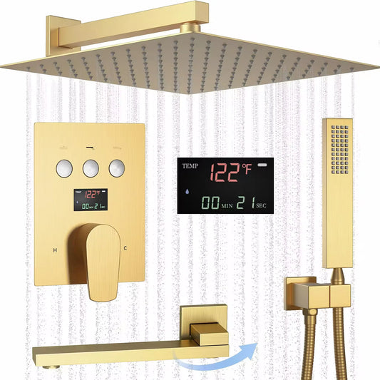 12 Inches Temperature Display Brushed Gold Shower System Rainfall Shower Faucet Set Mixers by PDG ibma
