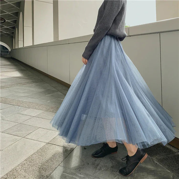 TingYiLi Elegant Tulle Skirt Autumn Winter Big Swing Women Skirt Korean Cute Pink Green Gray Blue Brown Black Long Skirt Tutu