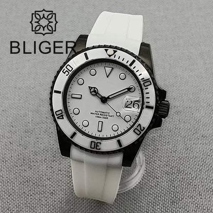 BLIGER 40mm NH35A Automatic Watch for Men White Ceramic Bezel Black  Case Green Luminous Date Magnified Rubber Strap