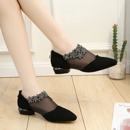 Women 2025 Summer Fashion Black Lace Rhinestone Sandals Flowers Low Heel Sandals Mesh Plus Size Sandalias Mujer Casual Shoes