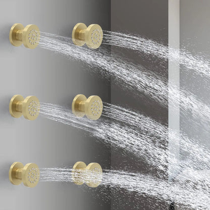 Brass Round Shower Body Spray Jets 6 Pack,2 Inch Brushed Gold Rain Shower Head Wall Mount Rainfall Shower Head Sprayer