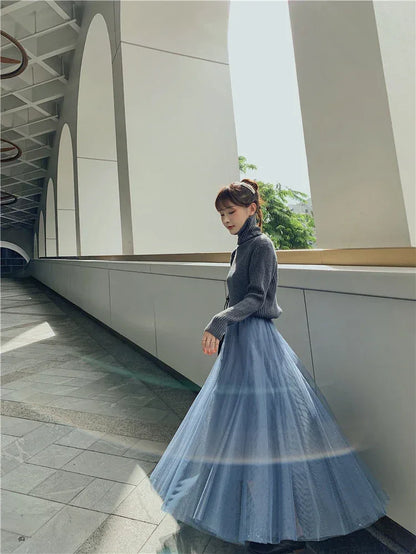 TingYiLi Elegant Tulle Skirt Autumn Winter Big Swing Women Skirt Korean Cute Pink Green Gray Blue Brown Black Long Skirt Tutu