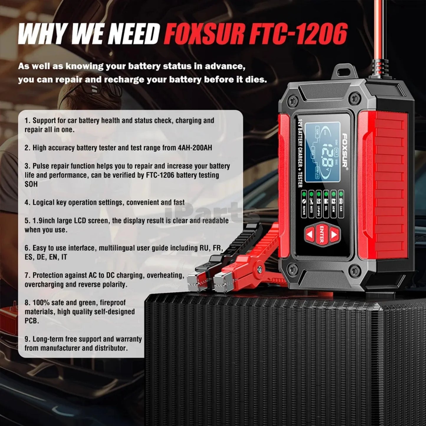 IParts Foxsur Car Battery Charger 12V 6A FTC-1206 Motorcycle Truck AGM LiFePO4 Lead Acid Batteries Maintainer Digital