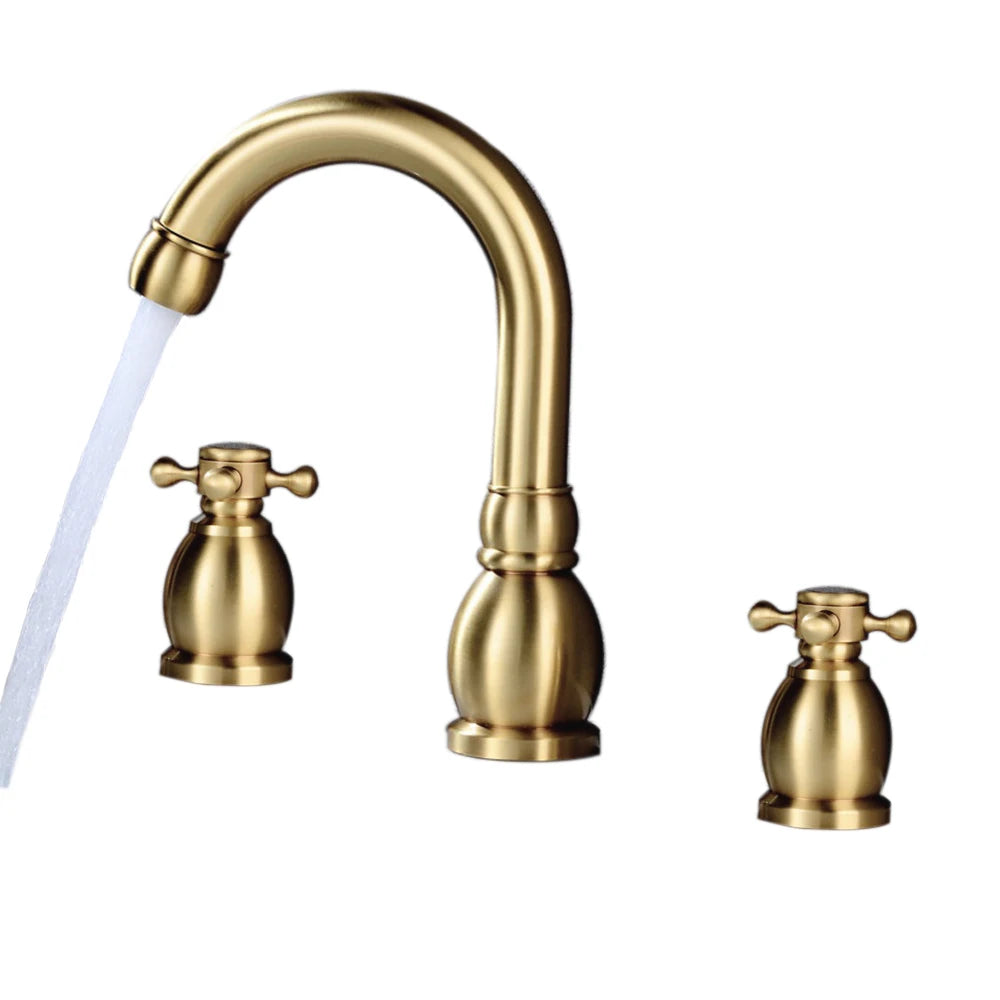 Brushed Gold Basin Water Tap Bathroom Deck Mounted 3 Holes Cross Handle Basin Faucet
