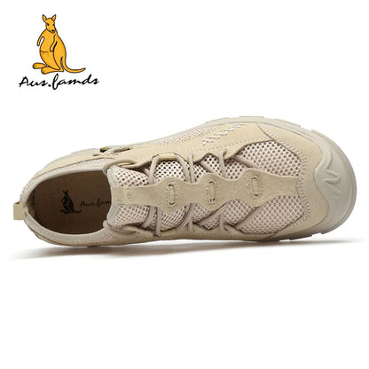 Lightweight Men's Kangaroo Logo Pigskin Leather Casual Sport Slip-On Sandals Breathable Soft Fabric for Spring Walking Style
