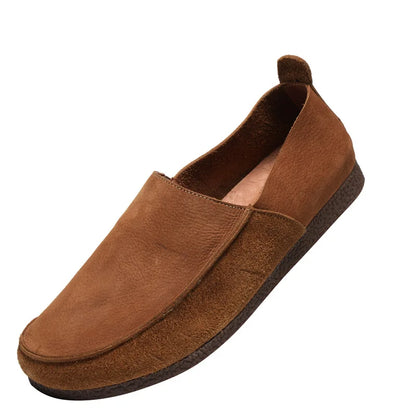 Men Suede Loafers Toe Slip-On Cow Leather Genuine Leather Lining Rubber Outsole Light Weight Solid Pattern Walking Style Shoes