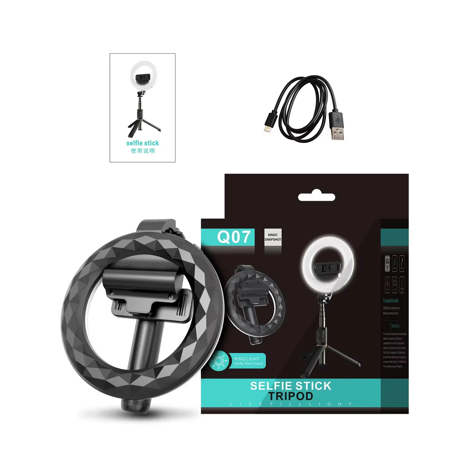 Q07 Selfie Stick Tripod with 6 Inch 3 Color Temperature Ring Light 798mm Foldable for Video Vlog