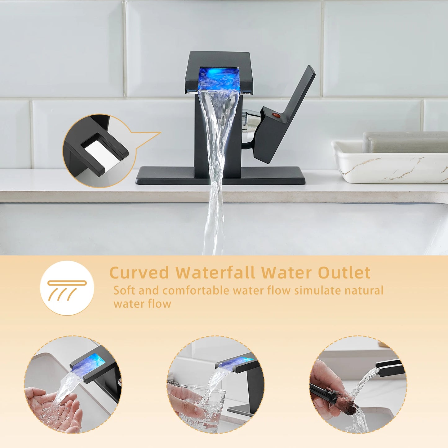 LED Modern  1-Hole Black 304 Stainless Steel Waterfall Bathroom Faucet Anti-Rust Lead Free Basin Faucet with Deck Plate