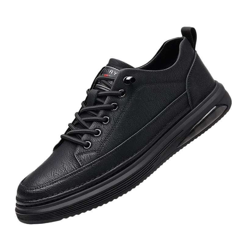 Men's Genuine Leather Lace-up Chunky Shoes Round Toe Plush Lining Breathable Rubber Outsole Spring Casual Sneakers