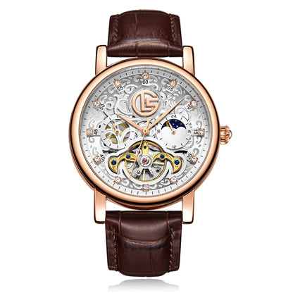 Tourbillon Watch for Men Mechanical Skeleton Mens Watches High Quality Luxury Engraved Vintage Moon Phase Leather Watch