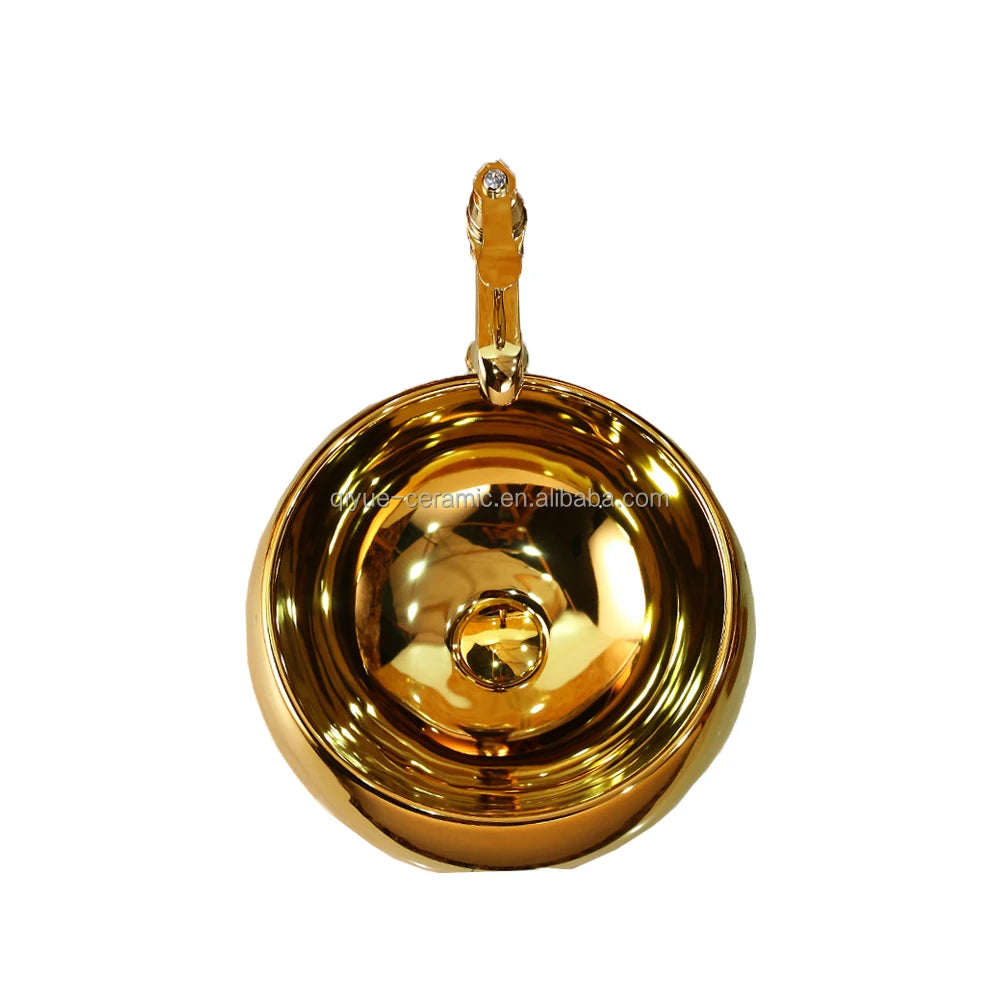 High Quality Golden Plating Round Countertop Sink Ceramic Bathroom Gold Color Wash Basin