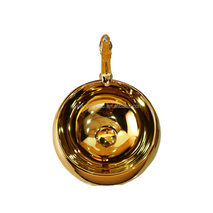 High Quality Golden Plating Round Countertop Sink Ceramic Bathroom Gold Color Wash Basin
