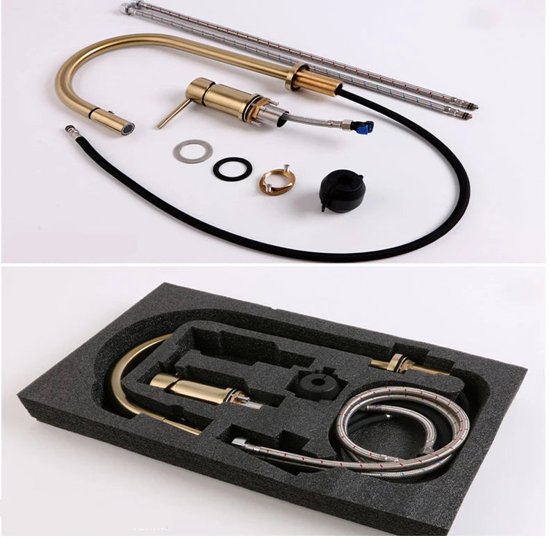 Bathroom Brushed Gold Basin Faucet Brass Pull Down Wash Sink Basin Mixer Tap Faucet