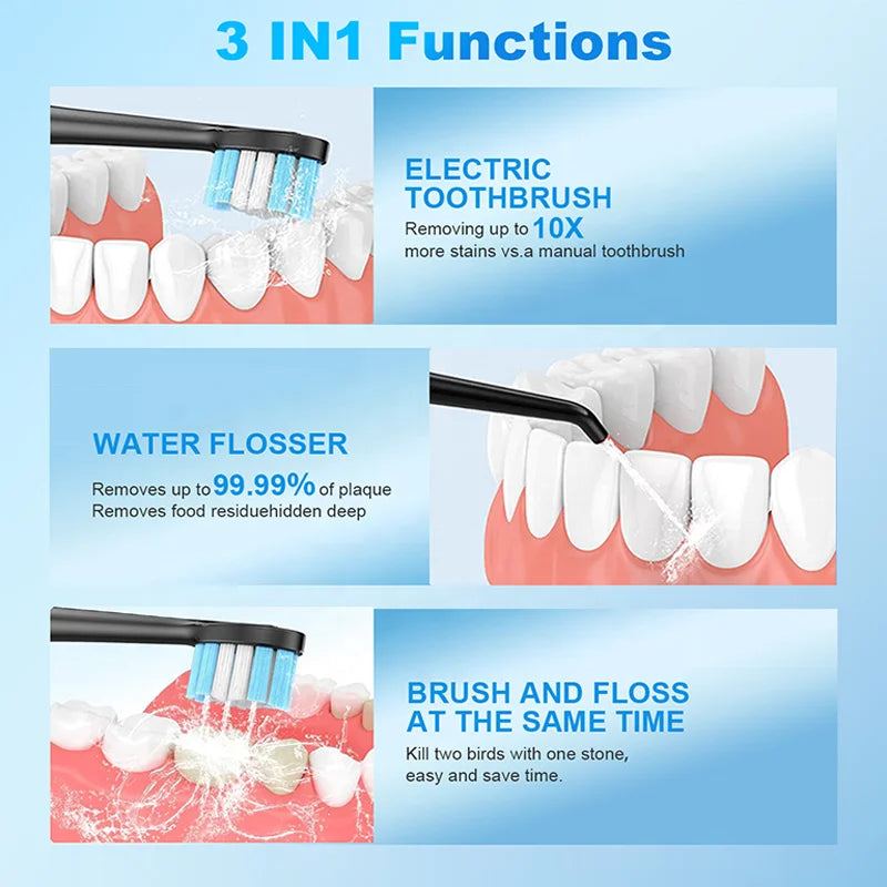 3-in-1 Sonic Electric Toothbrush Water Flosser 38K VPM 4 Cleaning Modes Teeth Whitening Gum Care IPX7 Medium Tartar Removal