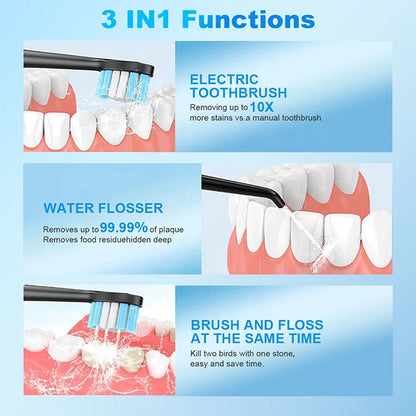 3-in-1 Sonic Electric Toothbrush Water Flosser 38K VPM 4 Cleaning Modes Teeth Whitening Gum Care IPX7 Medium Tartar Removal