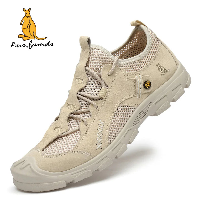 Lightweight Men's Kangaroo Logo Pigskin Leather Casual Sport Slip-On Sandals Breathable Soft Fabric for Spring Walking Style