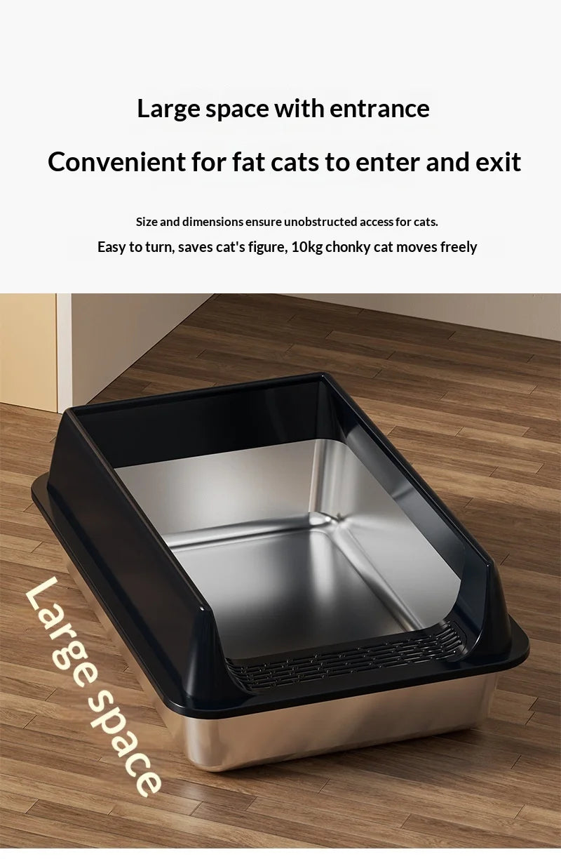 Stainless Steel Semi-closed Rectangular Cat Litter Box with Top-in Lid Anti-splash High Fence Pet Cleaning