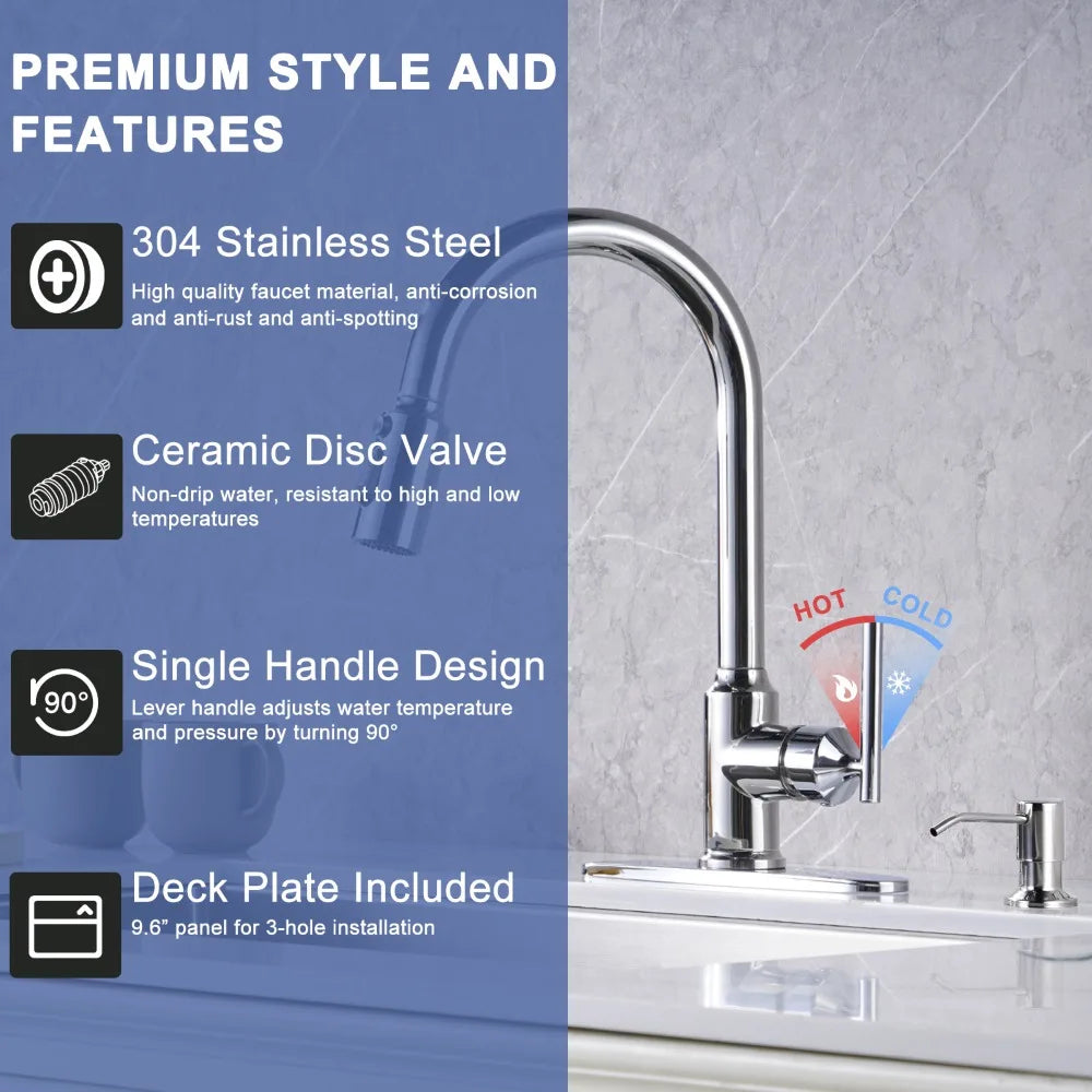 High Arc Single Handle Water Tap Kitchen 3 Modes Spout Faucet for Kitchen Sink Farmhouse RV, Kitchen Faucet with Soap Dispenser